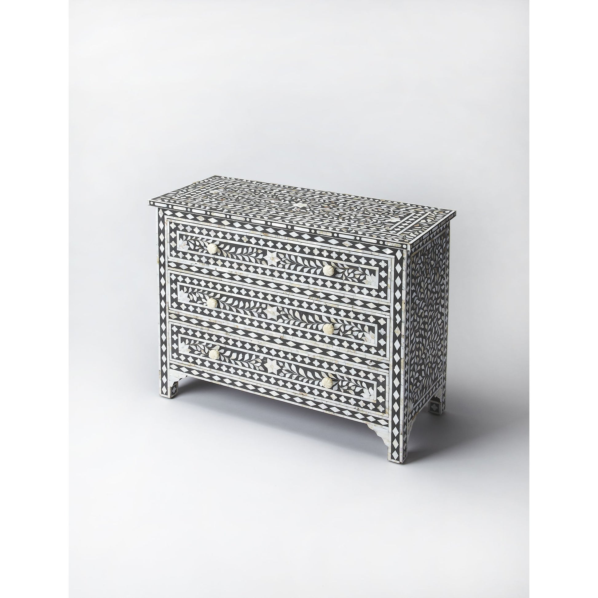 Bone Inlay Chest by Butler Specialty Company in black and black bone inlay. Made from mango wood solids, mdf, resin, bone in a modern style.