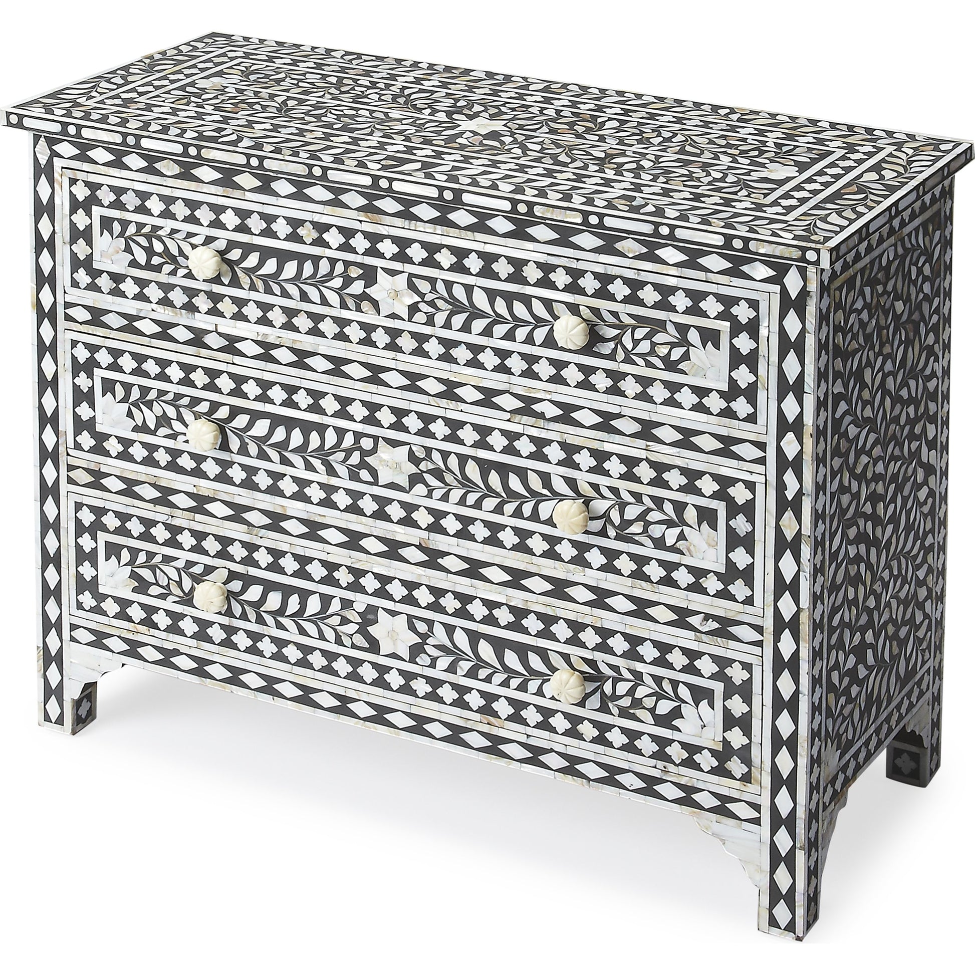 Bone Inlay Chest by Butler Specialty Company in black and black bone inlay. Made from mango wood solids, mdf, resin, bone in a modern style.