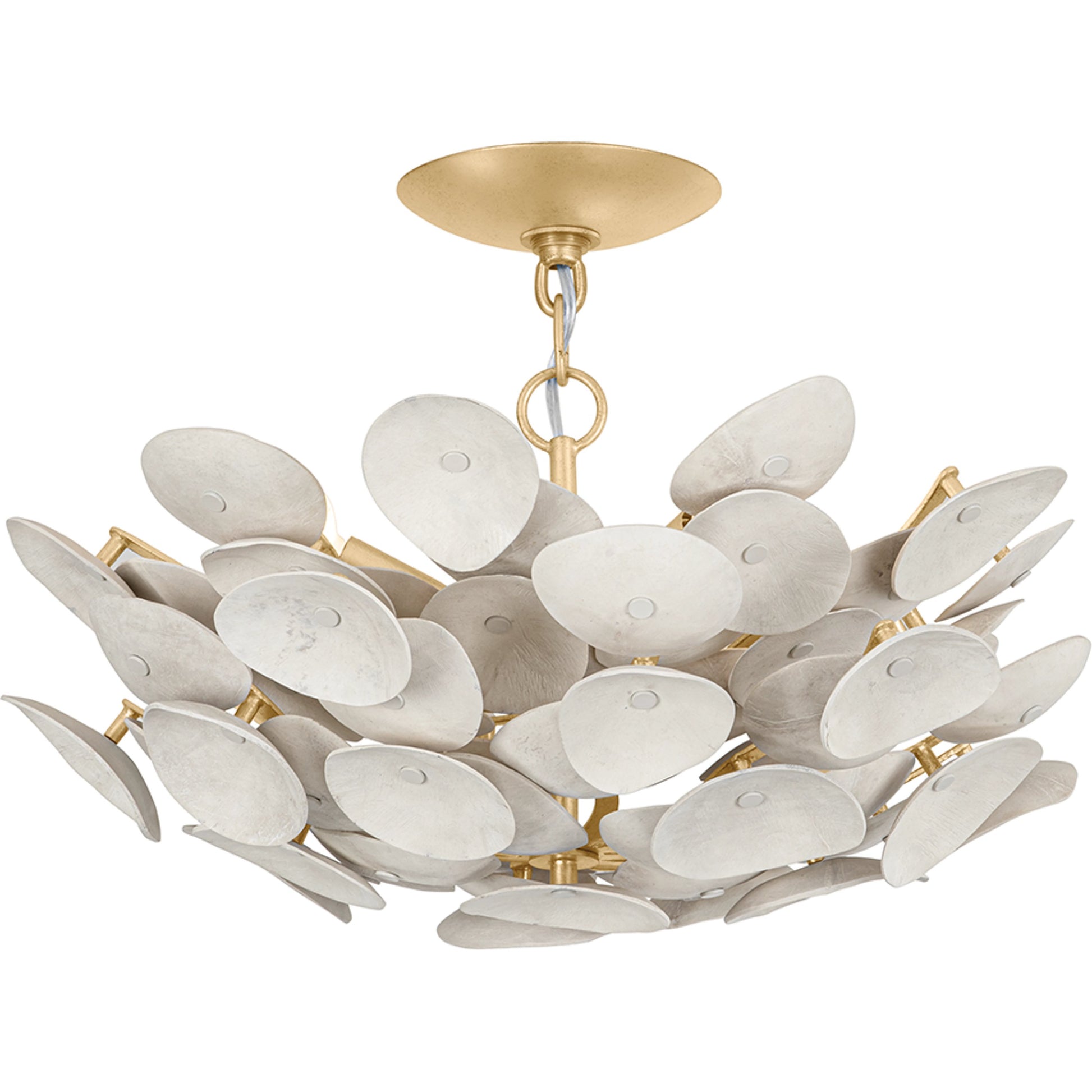 Aimi 3 Light Semi Flush by Corbett in vintage gold leaf. Made from textile in a modern style.