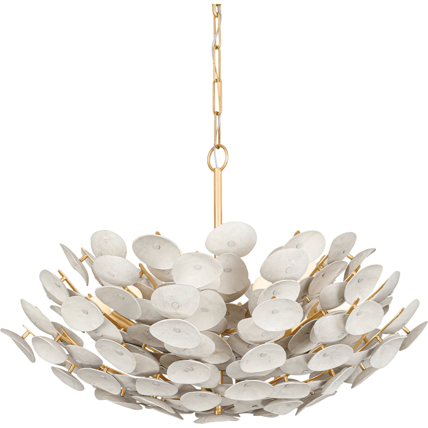 001 SI-2055024 | Primary Silo | Aimi 9 Light Chandelier by Corbett in vintage gold leaf. Made from textile in a modern style.
