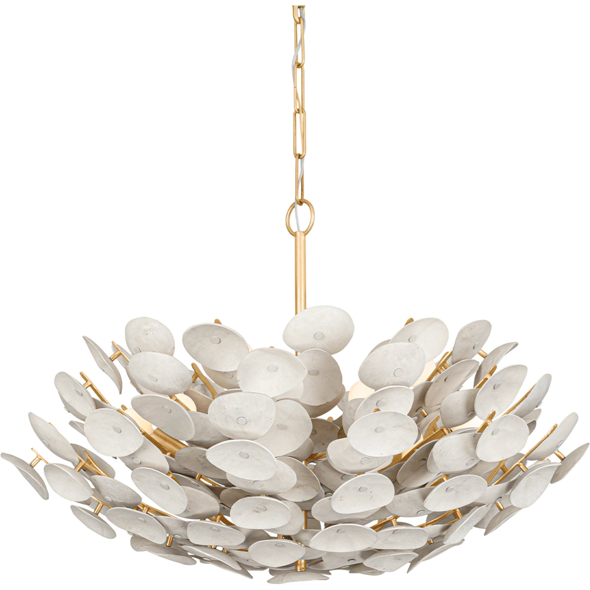 Aimi 9 Light Chandelier by Corbett in vintage gold leaf. Made from textile in a modern style.