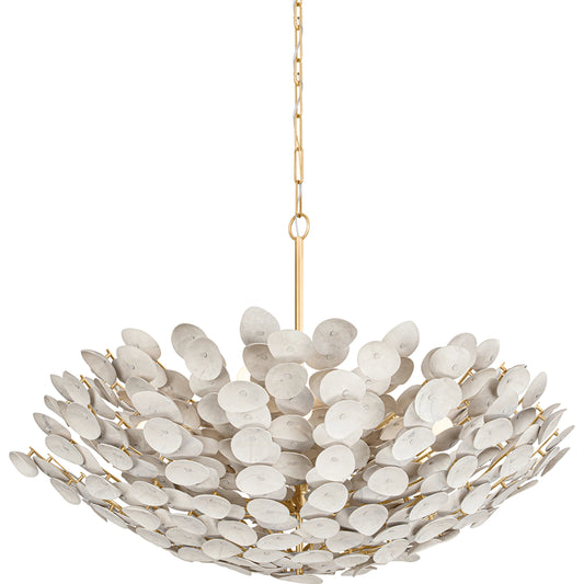 Aimi 12 Light Chandelier by Corbett in vintage gold leaf. Made from textile in a modern style.