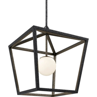 Denison Outdoor Lantern by Currey and Company in black, frosted white. Made from wrought iron, glass in a modern style.