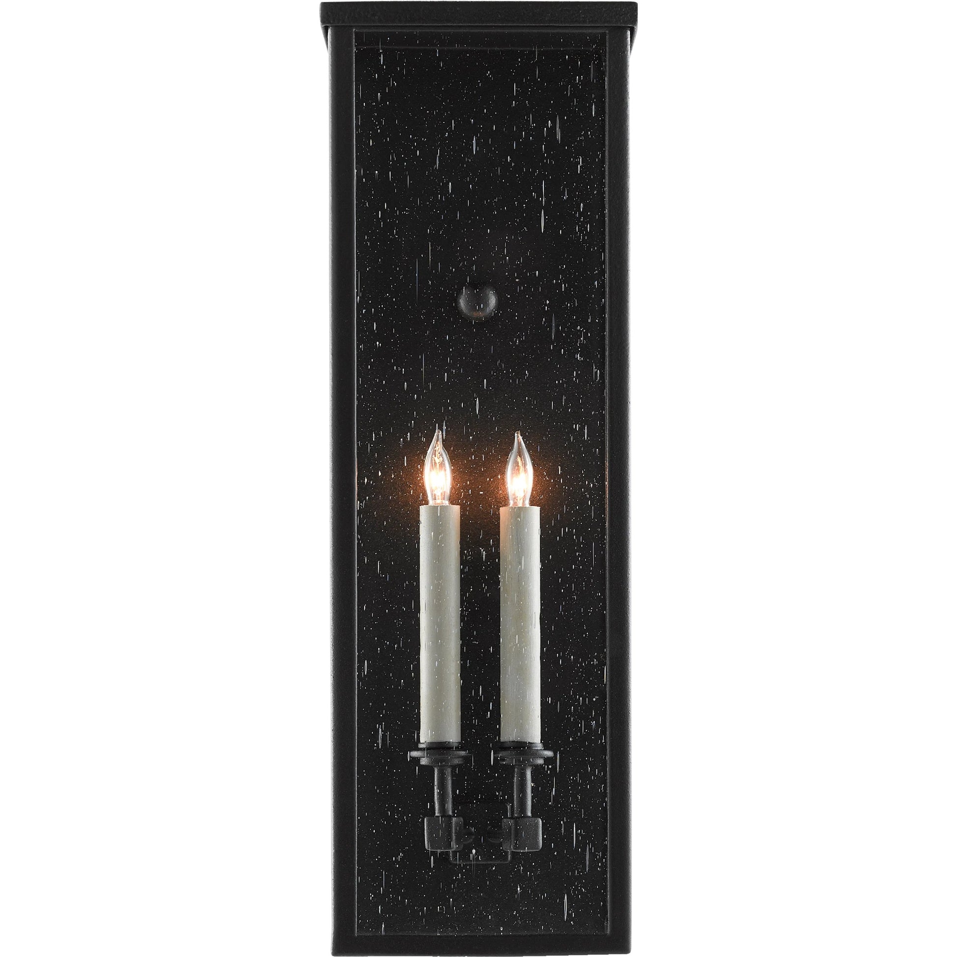 Tanzy Outdoor Wall Sconce by Currey and Company in midnight. Made from wrought iron, seeded glass in a transitional style.