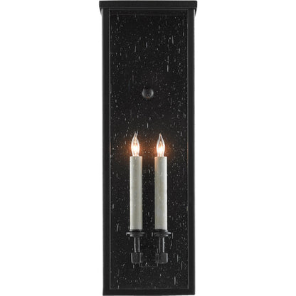 Tanzy Outdoor Wall Sconce by Currey and Company in midnight. Made from wrought iron, seeded glass in a transitional style.