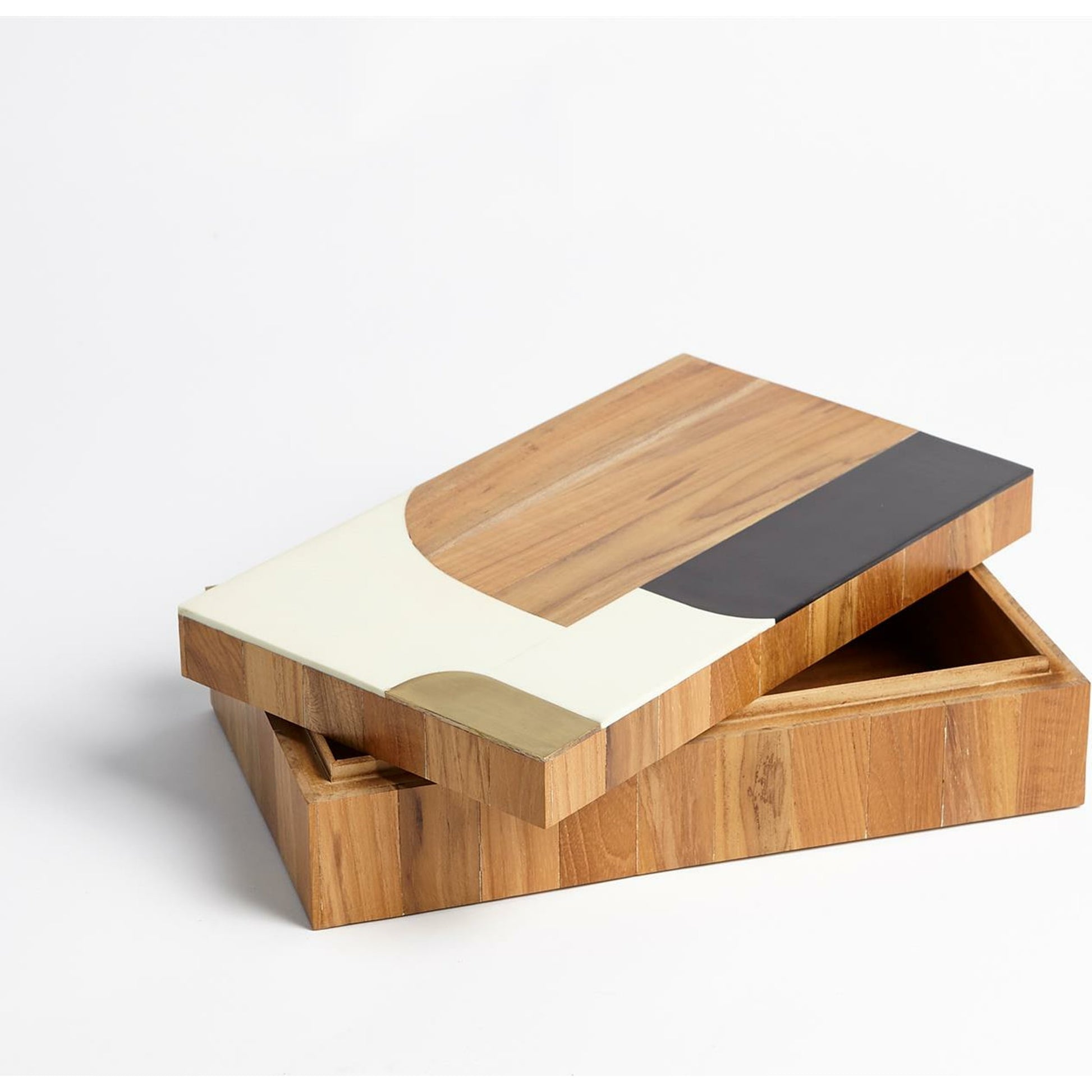 Wooden Inlaid Box by Global Views in black, ivory. Made from mdf, teak, brass, resin in a modern style.
