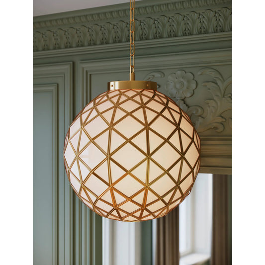 Polyhedron Pendant by Currey and Company in white, antique brass. Made from glass, brass, metal in a unique style.
