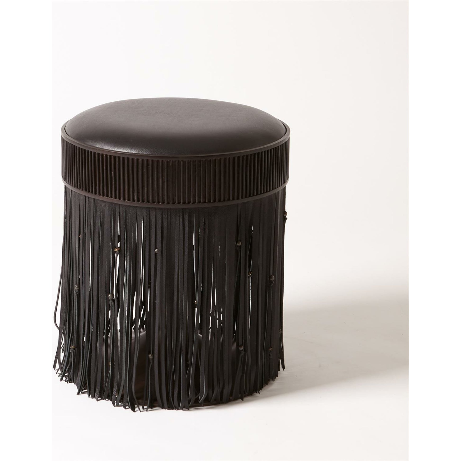 Grace Stool by Global Views in black. Made from brass, leather, mild steel in a eclectic & global style.