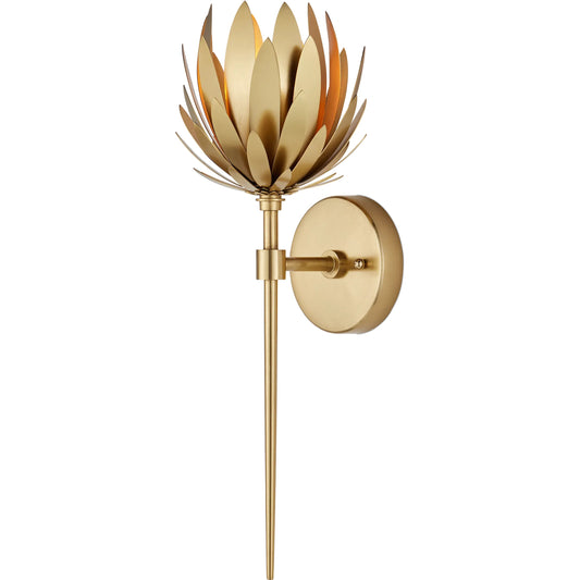 Protea Wall Sconce by Currey and Company in brass. Made from metal in a modern style.