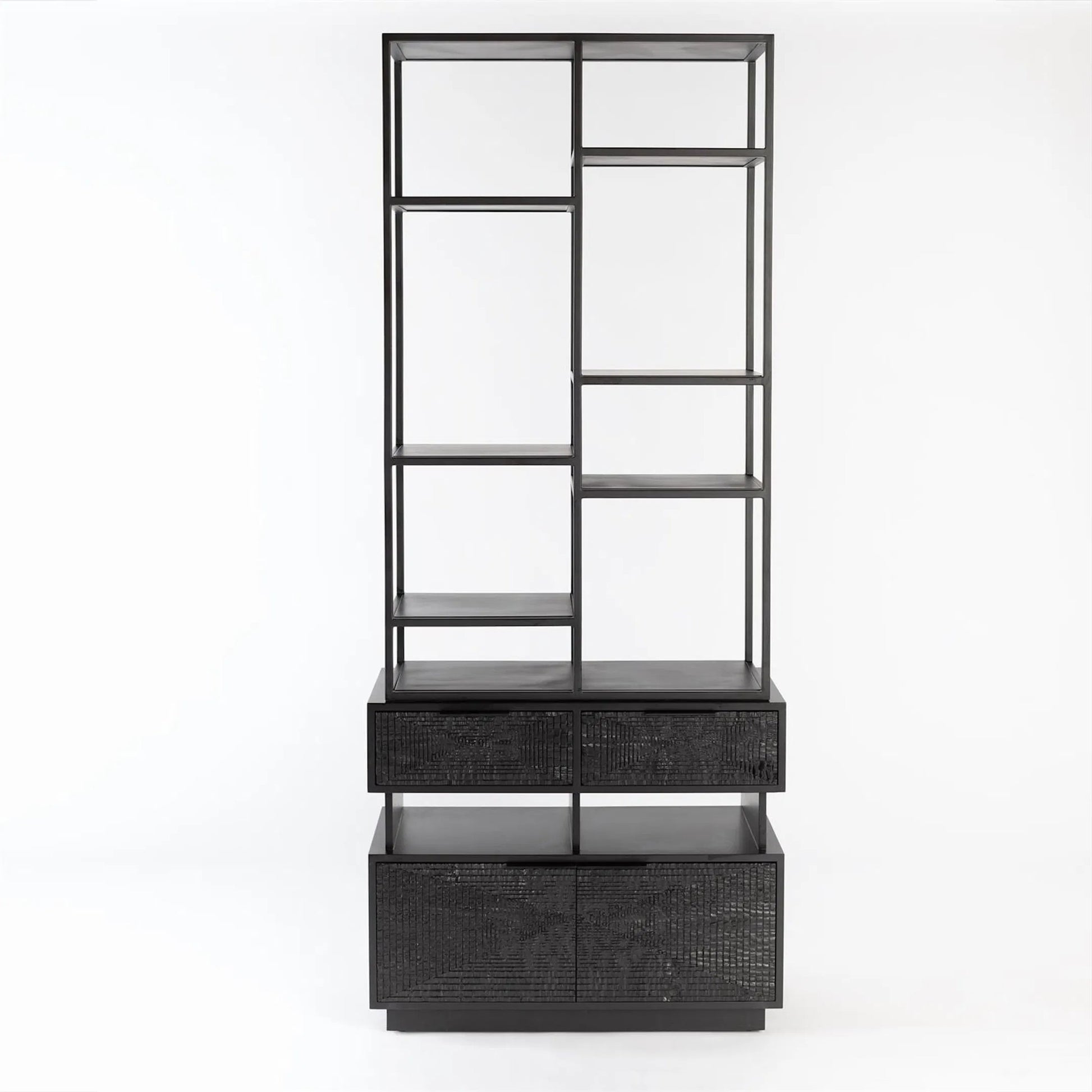 Kyoto Etagere by Global Views in jagged black over worn black. Made from gmelina, mdf, plywood, iron in a modern style.