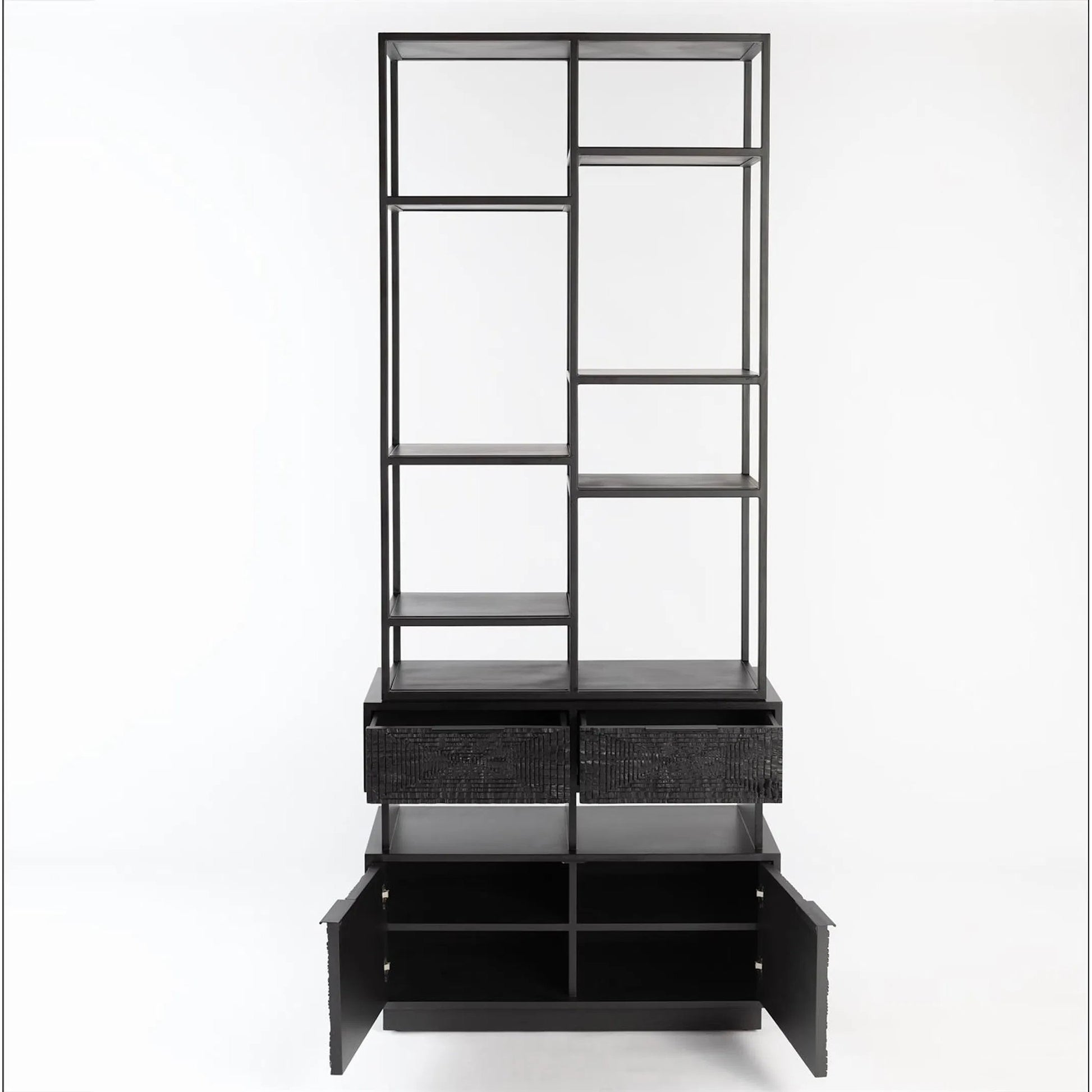 Kyoto Etagere by Global Views in jagged black over worn black. Made from gmelina, mdf, plywood, iron in a modern style.