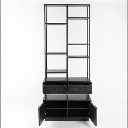 Kyoto Etagere by Global Views in jagged black over worn black. Made from gmelina, mdf, plywood, iron in a modern style.