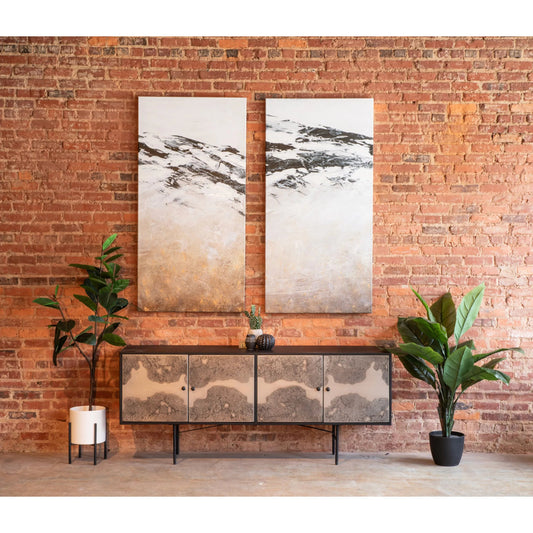 St. George 72" Sideboard by World Interiors in black and oxidized black. Made from reclaimed iron in a unique style.