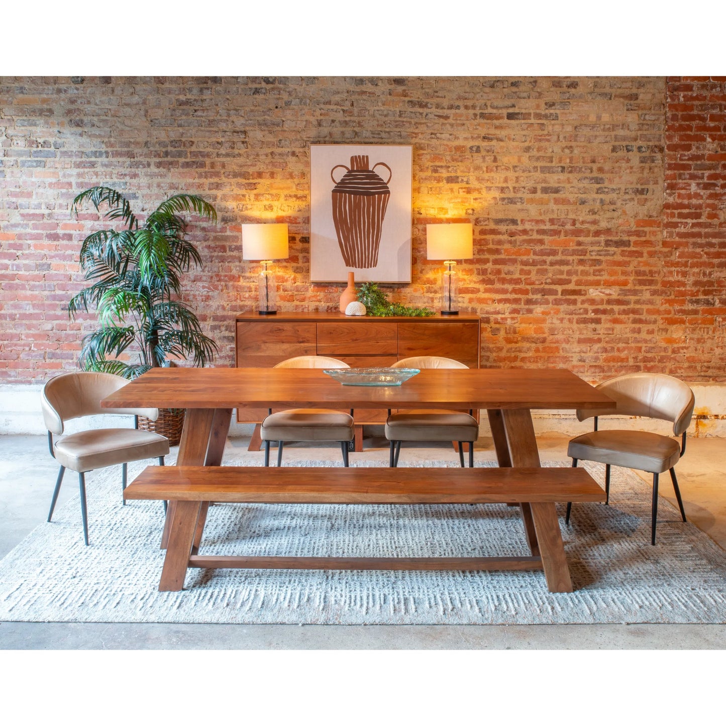 006 SI-2243079 | Lifestyle | Stavanger 80" Bench by World Interiors in brown and cinnamon brown. Made from acacia wood in a unique style.