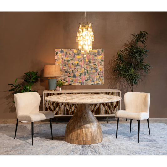 Isabella 20" White Boucle Dining Chair by World Interiors in white, black and natural. Made from boucle fabric reclaimed iron in a unique style.