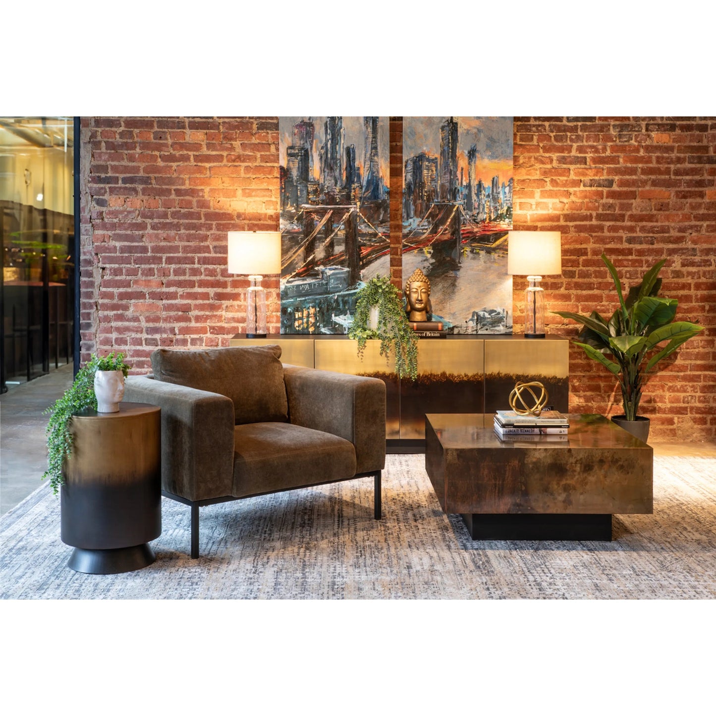 003 SI-2243075 | Lifestyle | St. George 15" Side Table by World Interiors in black and oxidized black. Made from reclaimed iron in a modern style.