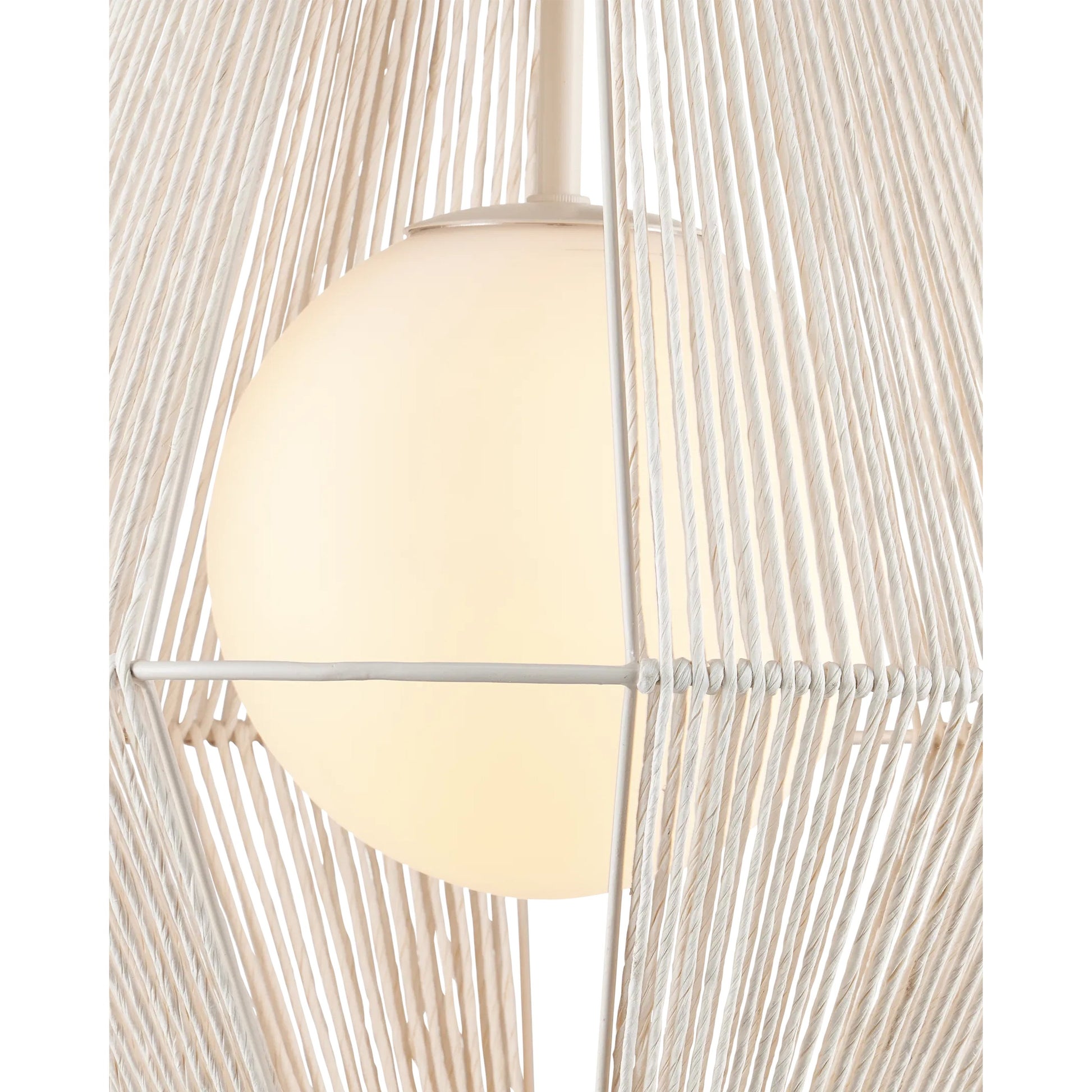Fraxel Pendant by Currey and Company in white, frosted white, vanilla. Made from kraft paper twine, glass, wrought iron in a unique style.