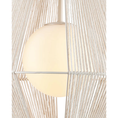 Fraxel Pendant by Currey and Company in white, frosted white, vanilla. Made from kraft paper twine, glass, wrought iron in a unique style.