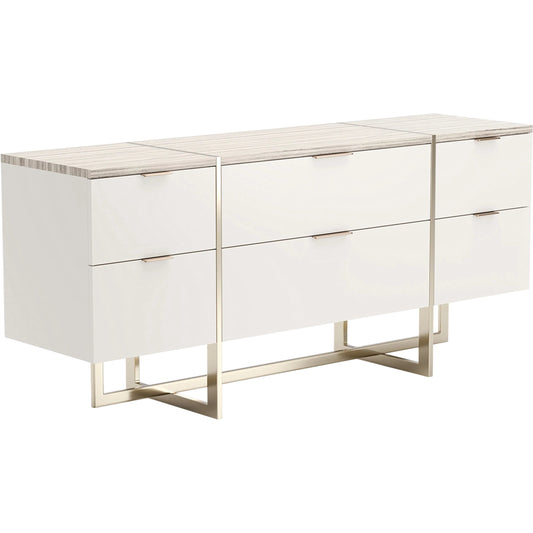 Wish You Were Here Dresser by Caracole in gold and almond milk. Made from stone in a modern style.
