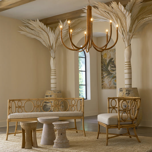 Tegal Muslin Bench by Currey and Company in rattan, natural. Made from rattan, wood, leather, finn natural in a coastal style.