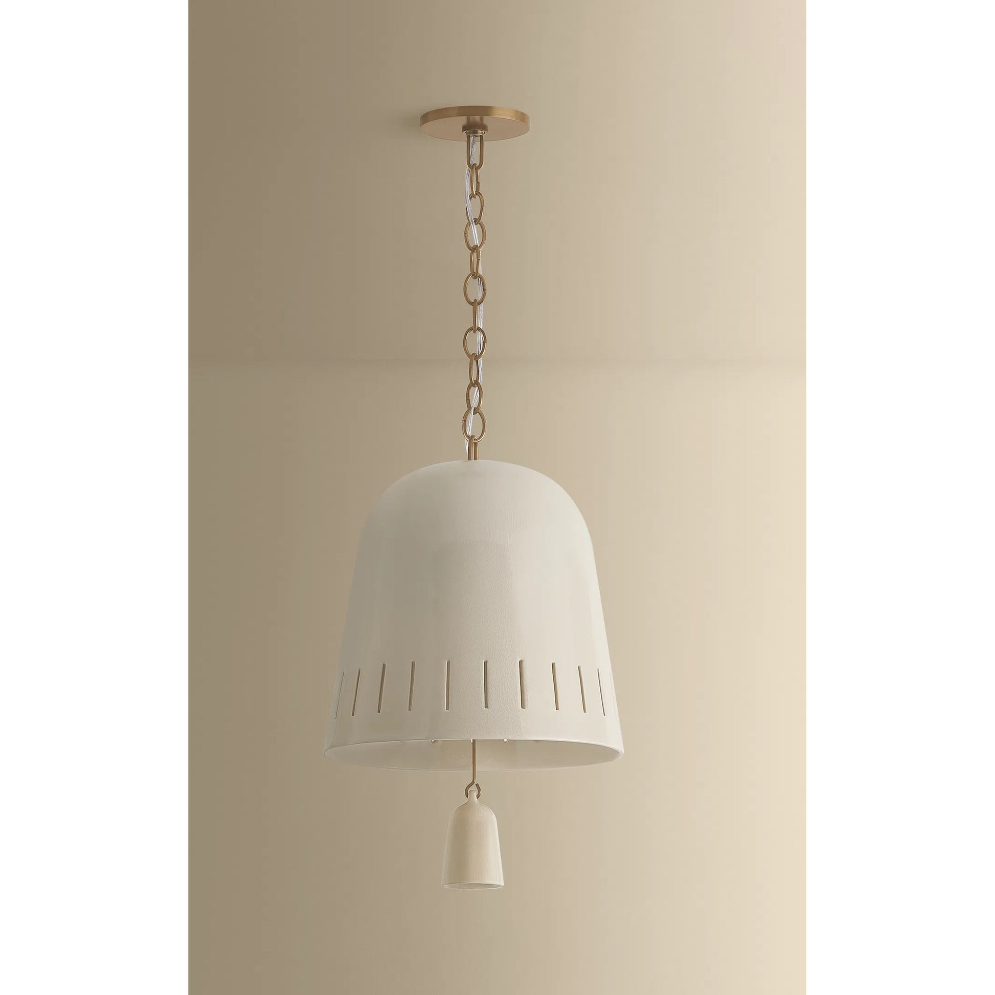 Omi Pendant by Hudson Valley in patina brass, ceramic ivory crackle. Made from ceramic in a unique style.