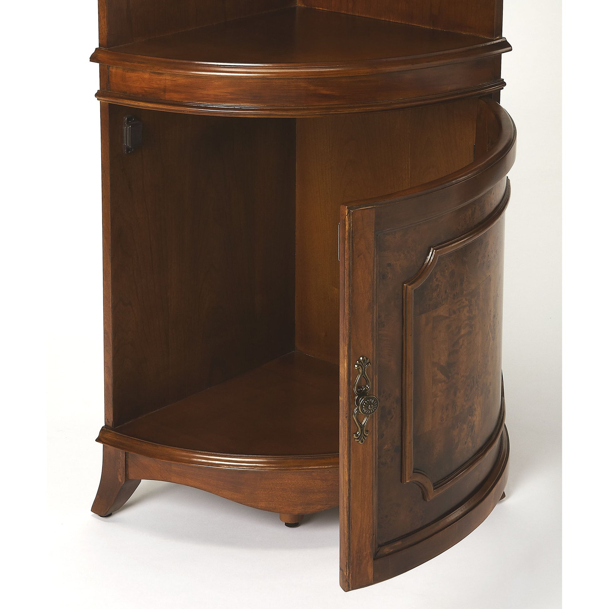 Dowling Olive Ash Burl Corner Cabinet by Butler Specialty Company in medium brown and olive ash burl. Made from poplar solids, mdf, cherry veneer in a traditional style.