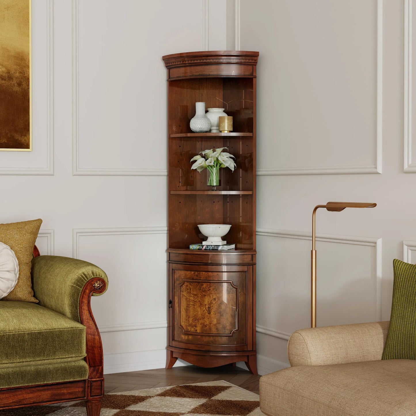 003 S-242415 | Lifestyle | Dowling Olive Ash Burl Corner Cabinet by Butler Specialty Company in medium brown and olive ash burl. Made from poplar solids, mdf, cherry veneer in a traditional style.