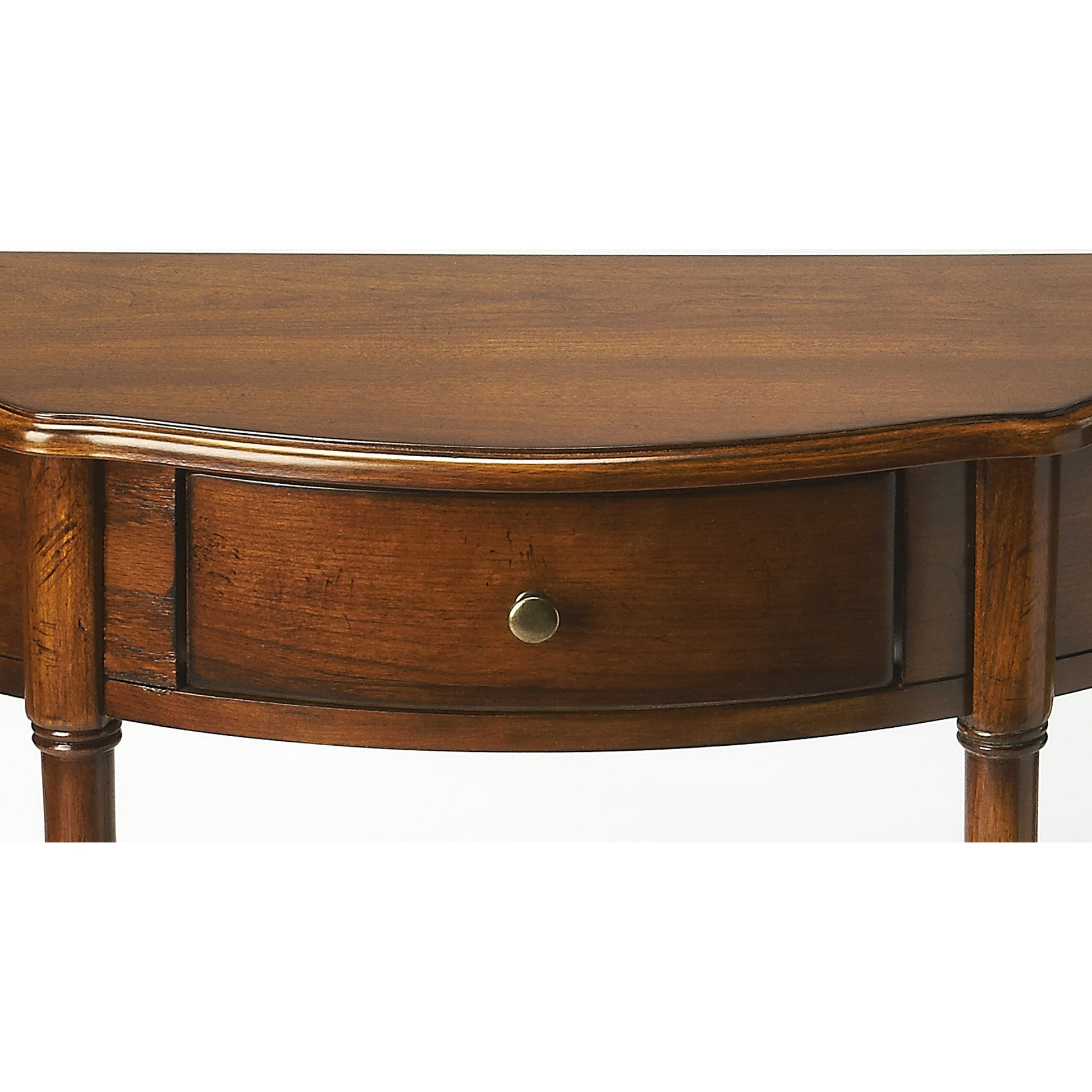 Skilling Antique Demilune Console Table by Butler Specialty Company in gray and driftwood. Made from rubberwood solids, mdf, oak veneer in a traditional style.