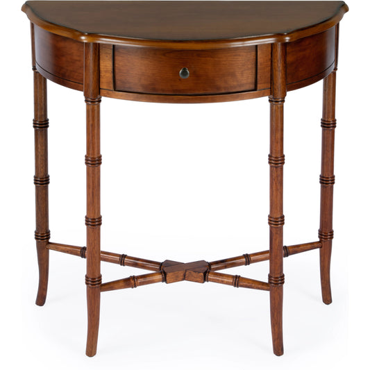 Skilling Demilune Console Table by Butler Specialty Company in brown and olive ash. Made from rubberwood solids, mdf, cherry veneer in a traditional style.