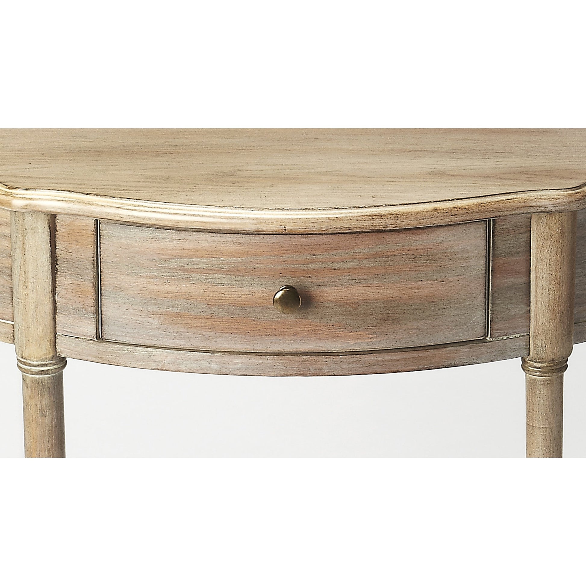 Skilling Antique Demilune Console Table by Butler Specialty Company in gray and driftwood. Made from rubberwood solids, mdf, oak veneer in a traditional style.