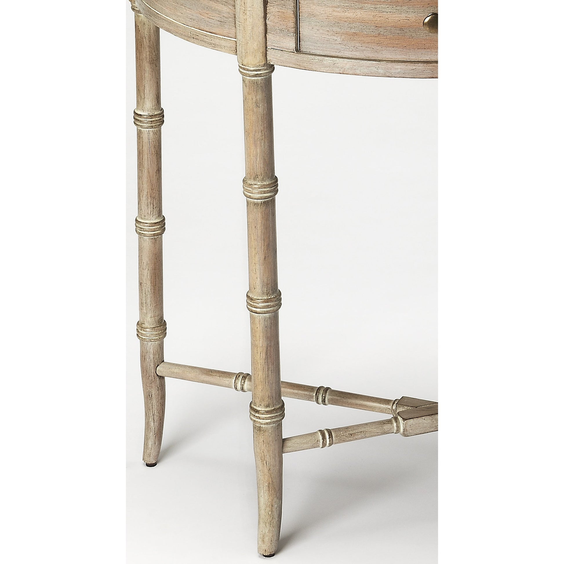 Skilling Antique Demilune Console Table by Butler Specialty Company in gray and driftwood. Made from rubberwood solids, mdf, oak veneer in a traditional style.
