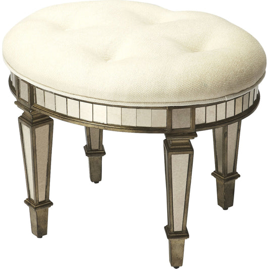 Garbo Mirrored Vanity Stool by Butler Specialty Company in silver and mirror. Made from rubberwood solids, mdf, cotton, urethane foam, antique mirrored glass in a traditional style.
