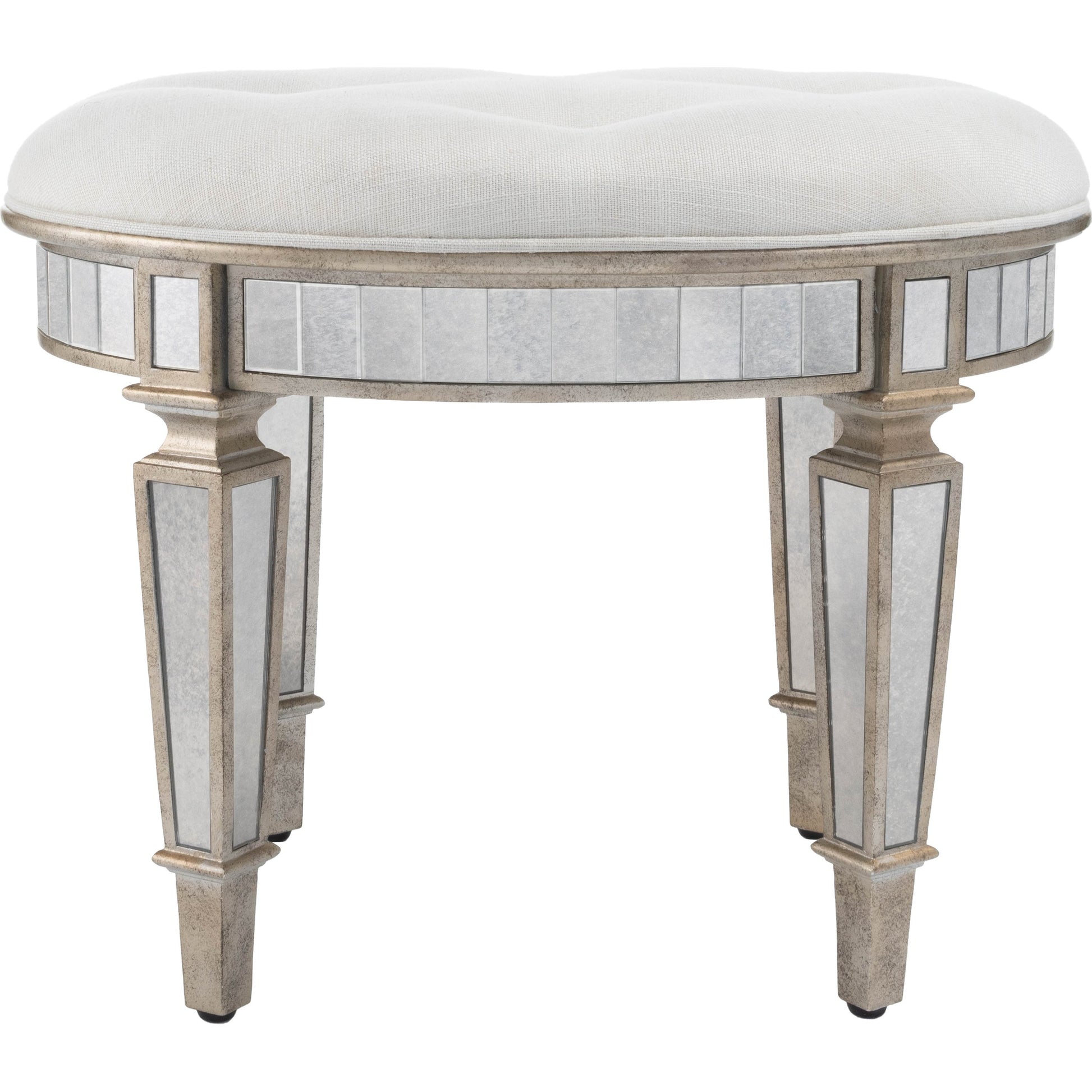 Garbo Mirrored Vanity Stool by Butler Specialty Company in silver and mirror. Made from rubberwood solids, mdf, cotton, urethane foam, antique mirrored glass in a traditional style.