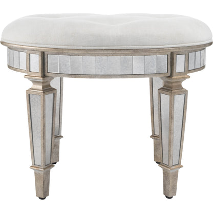 Garbo Mirrored Vanity Stool by Butler Specialty Company in silver and mirror. Made from rubberwood solids, mdf, cotton, urethane foam, antique mirrored glass in a traditional style.