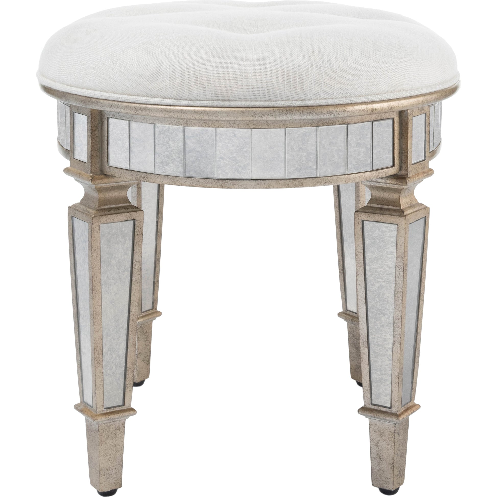 Garbo Mirrored Vanity Stool by Butler Specialty Company in silver and mirror. Made from rubberwood solids, mdf, cotton, urethane foam, antique mirrored glass in a traditional style.
