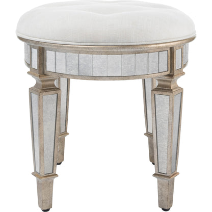 Garbo Mirrored Vanity Stool by Butler Specialty Company in silver and mirror. Made from rubberwood solids, mdf, cotton, urethane foam, antique mirrored glass in a traditional style.