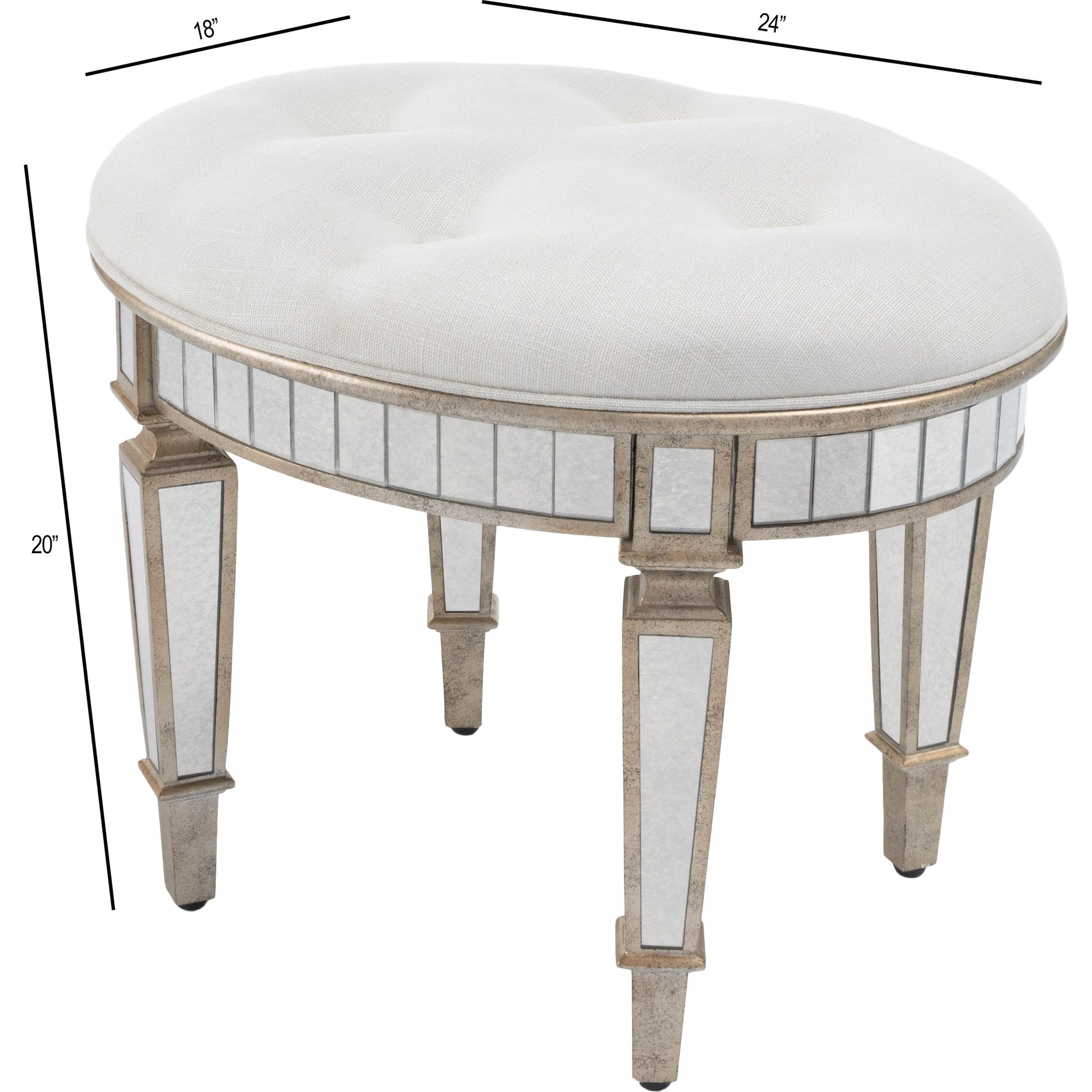 Garbo Mirrored Vanity Stool by Butler Specialty Company in silver and mirror. Made from rubberwood solids, mdf, cotton, urethane foam, antique mirrored glass in a traditional style.