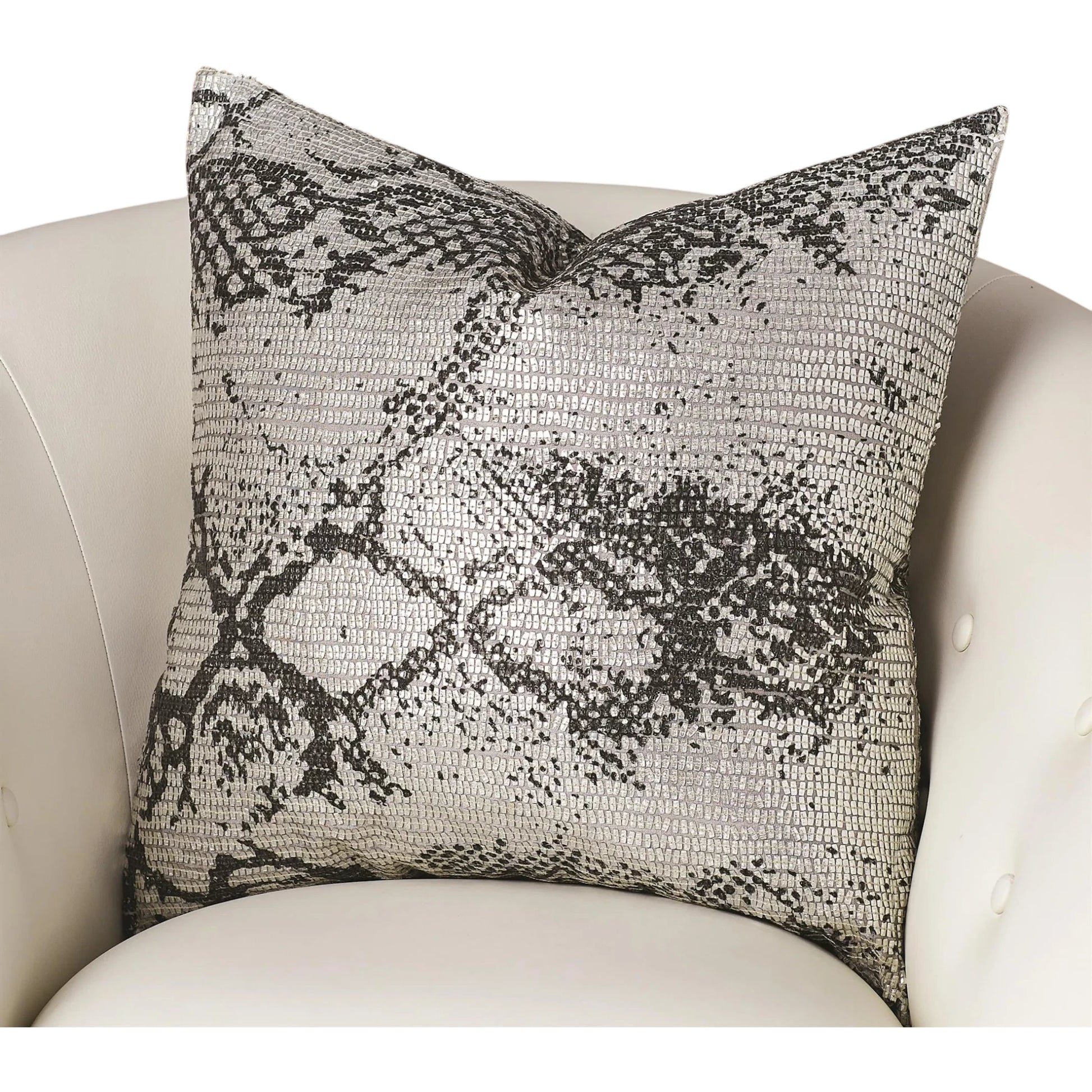 Shimmer Snake Skin Pillow by Global Views in silver and silver. Made from polyester with cotton lining with plastic decor in a modern style.