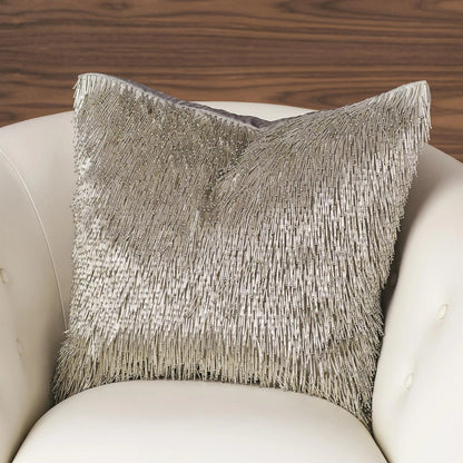 Shimmy Fringe Pillow by Global Views in silver and silver. Made from polyester with cotton lining fitted with glass beads in a transitional style.