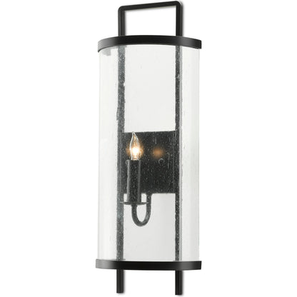 Breakspear Wall Sconce by Currey and Company in antique black. Made from metal, seeded glass in a transitional style.
