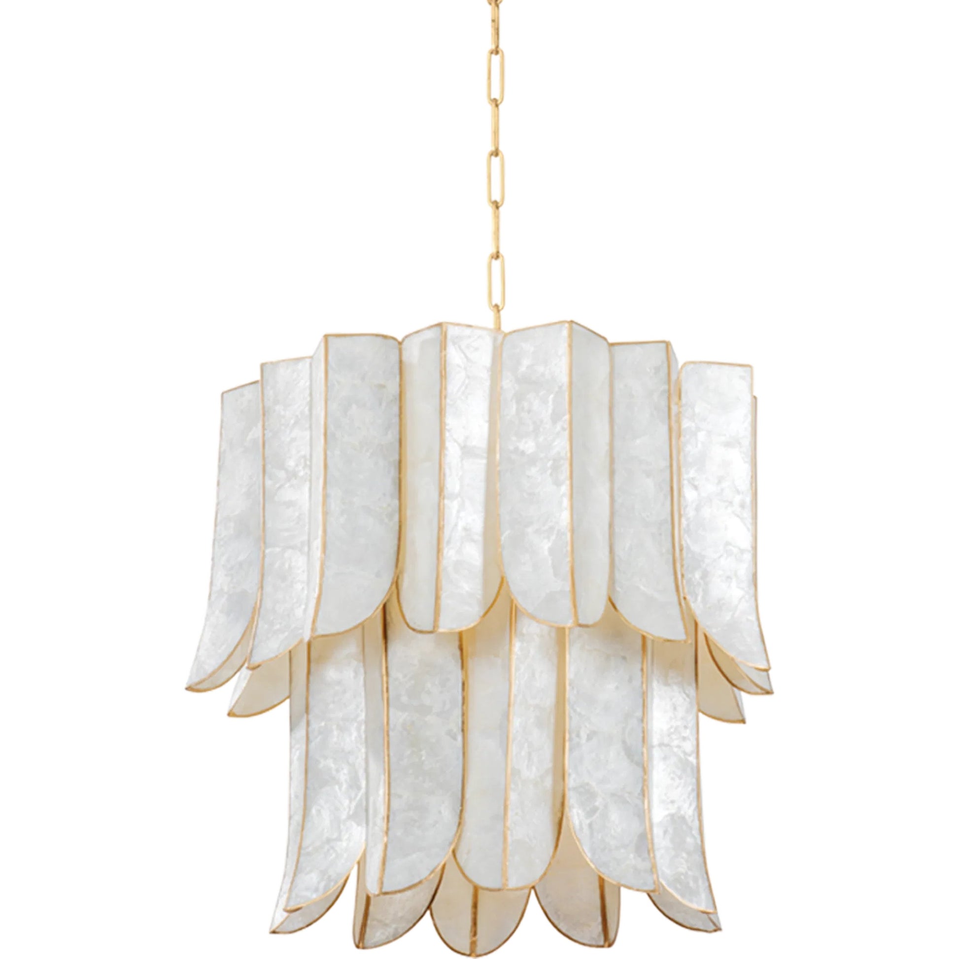 Cartagena Chandelier by Corbett in vintage gold leaf. Made from iron in a traditional style.
