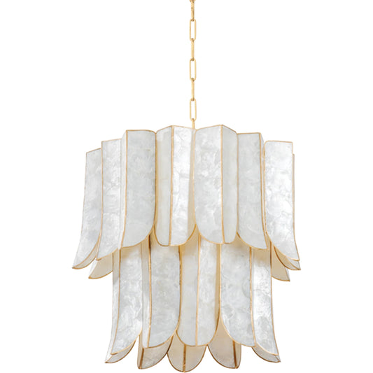 Cartagena Chandelier by Corbett in vintage gold leaf. Made from iron in a unique style.