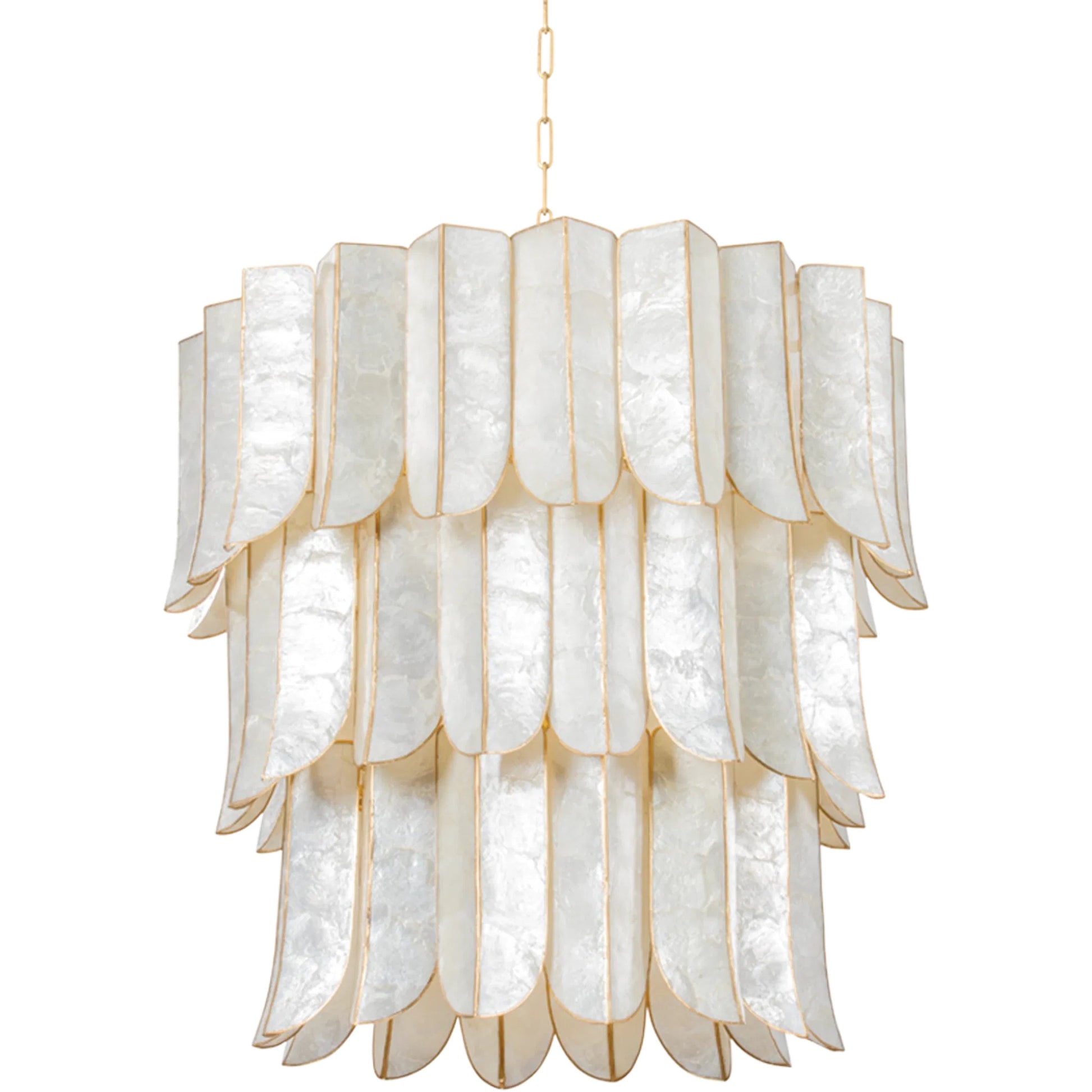 Cartagena Chandelier by Corbett in vintage gold leaf. Made from iron in a traditional style.