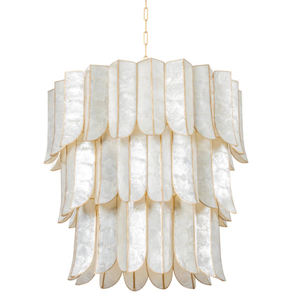 Cartagena Chandelier by Corbett in vintage gold leaf. Made from iron in a traditional style.