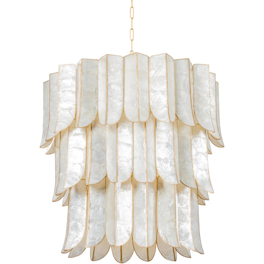 Cartagena Chandelier by Corbett in vintage gold leaf. Made from iron in a unique style.