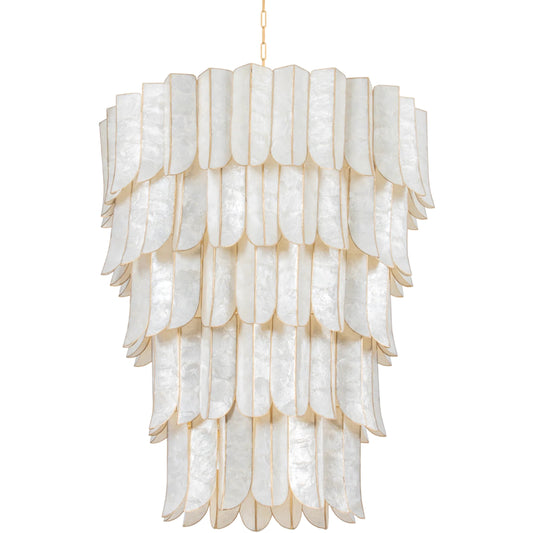Cartagena Chandelier by Corbett in vintage gold leaf. Made from iron in a unique style.