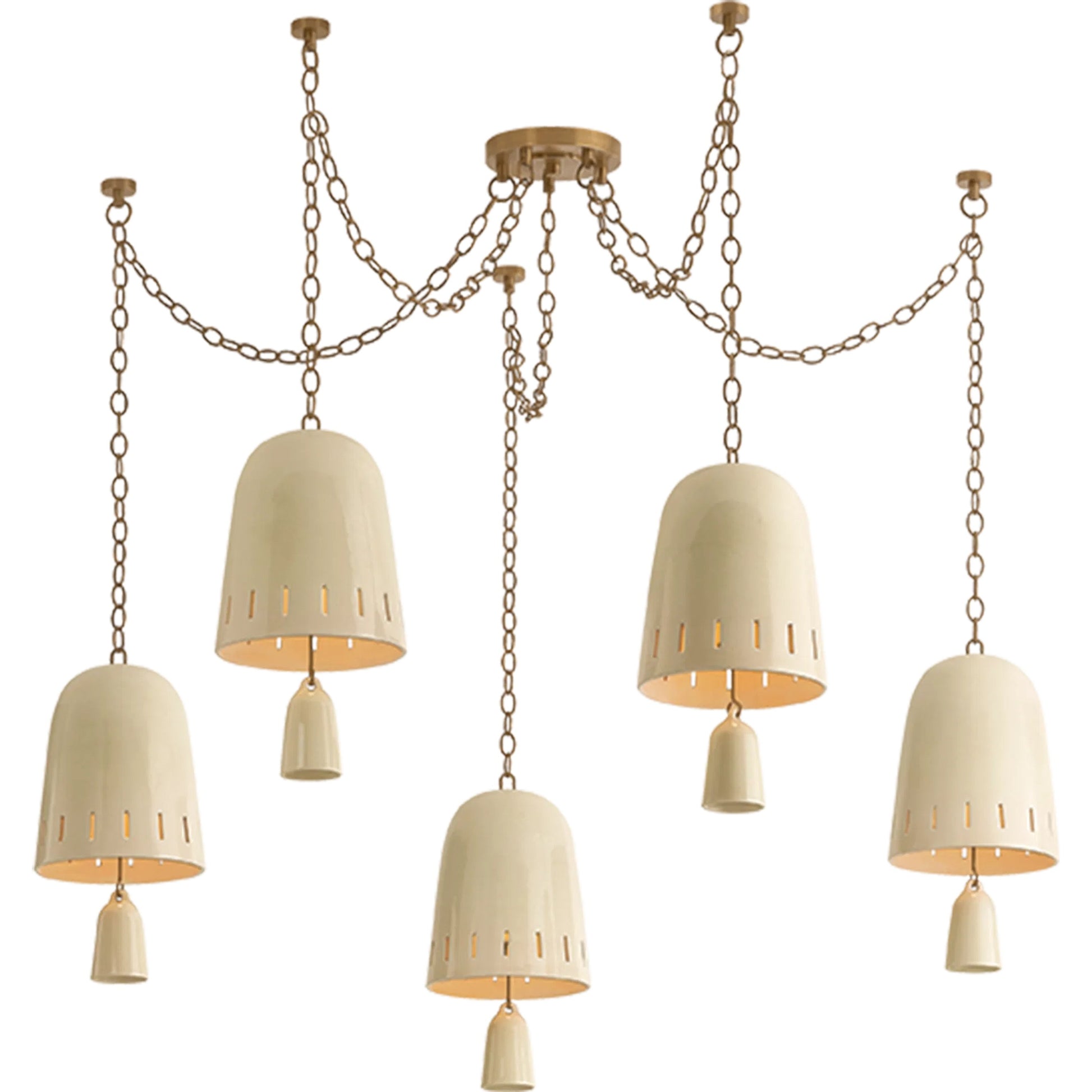 Omi Chandelier by Hudson Valley in patina brass, ceramic ivory crackle. Made from ceramic in a unique style.