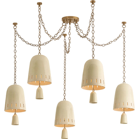 Omi Chandelier by Hudson Valley in patina brass, ceramic ivory crackle. Made from ceramic in a unique style.