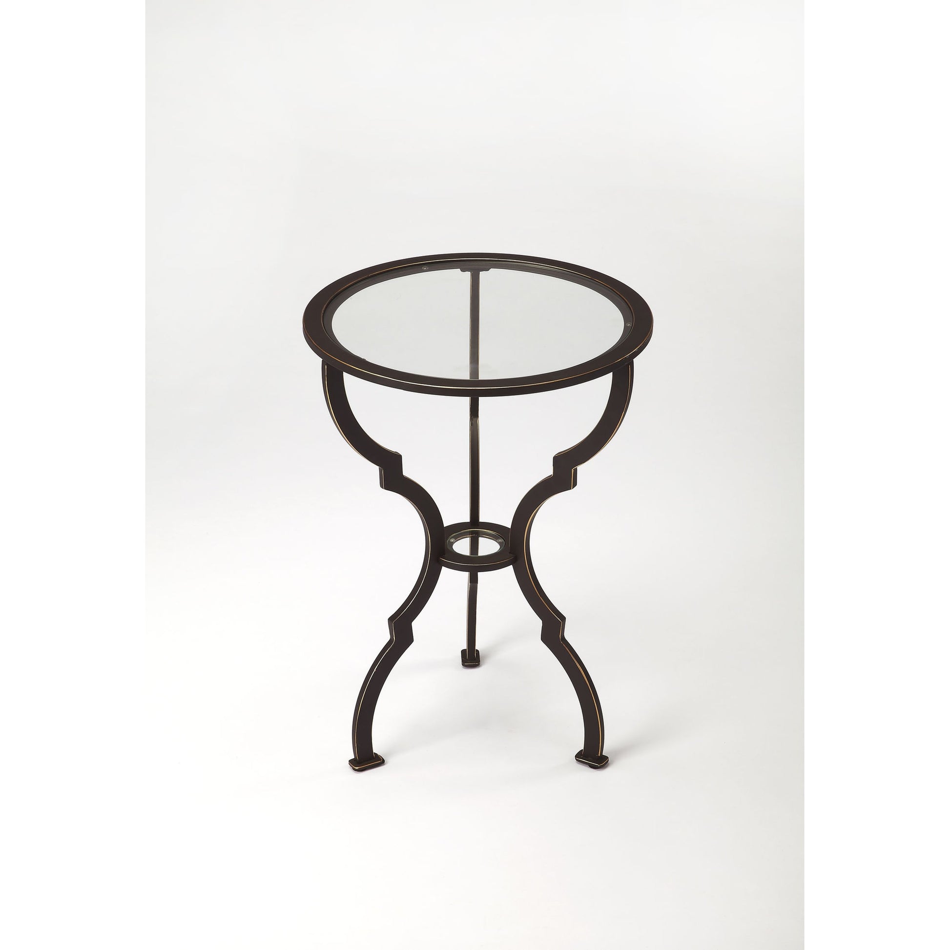 Yvonne Metal End Table by Butler Specialty Company in black and metalworks. Made from iron, glass in a modern style.