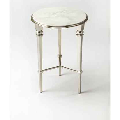 Darrieux Round Marble End Table by Butler Specialty Company in silver and modern expressions. Made from aluminum, iron, white marble in a modern style.